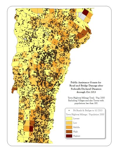 map of sites receiving public assistance for road and bridge damage for Irene