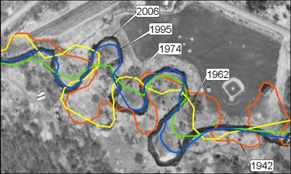 Map of Lewis Creek historical river channel paths