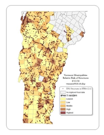 map of relative risk of structures in Vermont