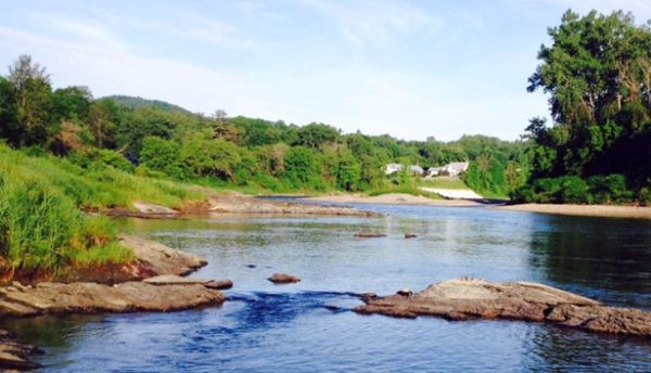 picture of calm river and green banks