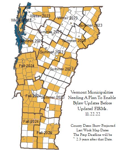 Map of VT Communities Needing a Plan to allow Bylaw Updates Before the Prep Deadline